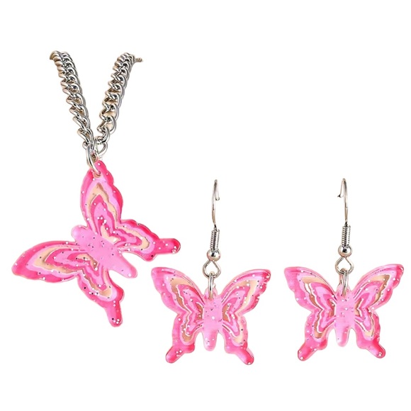 Pink Resin Butterfly Charm Necklace and Earring Set - Picture 3 of 3